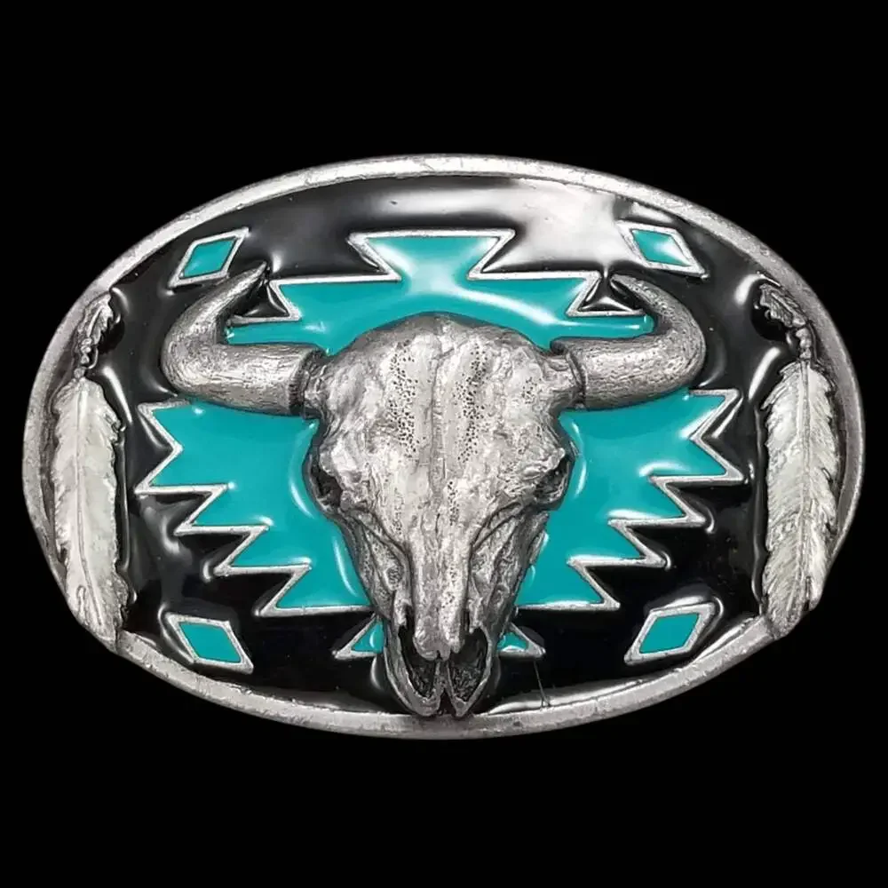 Vintage Belt Buckle 1993 Pewter Cow Skull Native American Indian Tribal Western‎